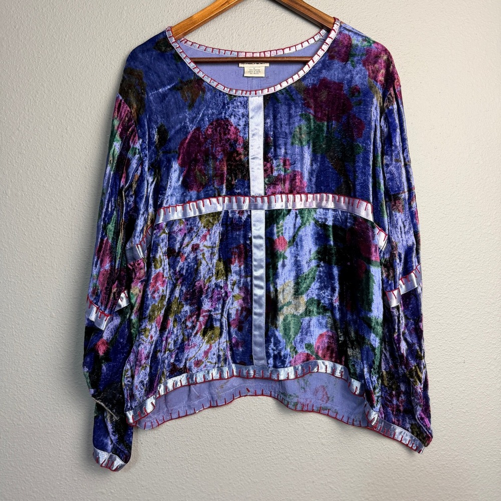 Marisol Lg Velvet Floral Print L/SL Window Pane Abstract Watercolor Artsy Top‎